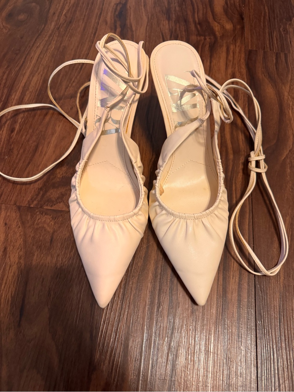 Zara Cream Pointed-Toe Lace-Up Heels